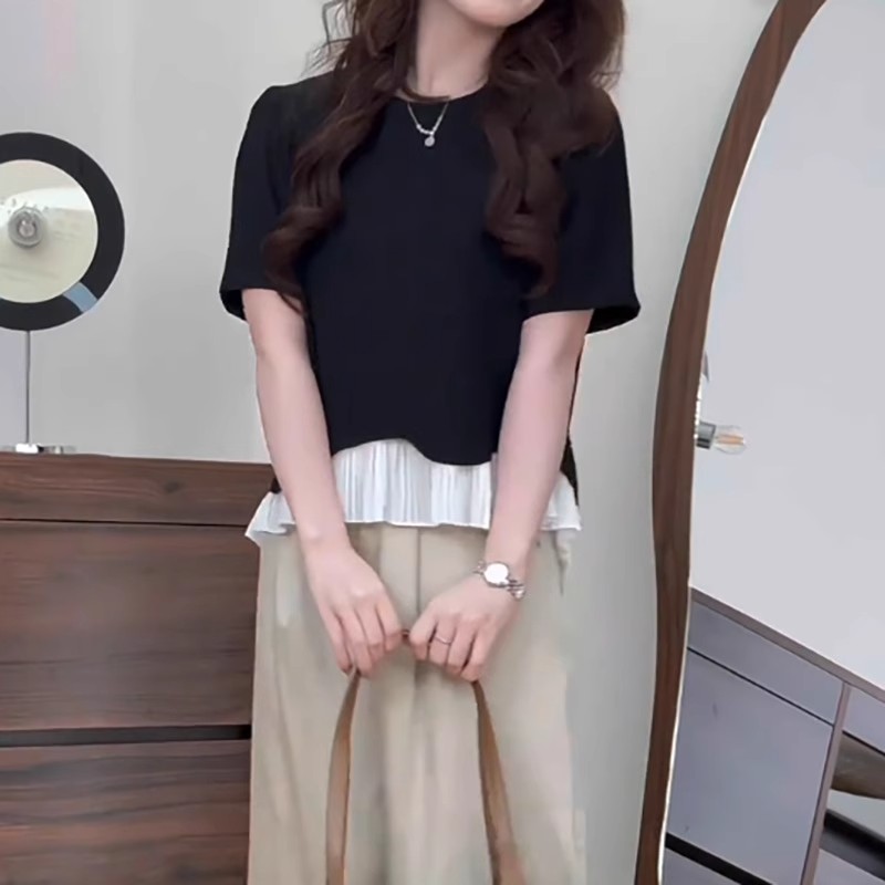 荷叶边拼接正肩短袖t恤女夏季