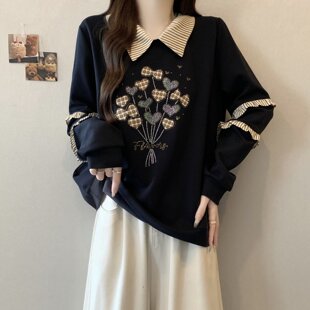 大码女洋气时髦个性系印花高级感polo领长袖卫衣秋冬2025新款上衣