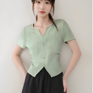 不规则收腰修身 简约风正肩v领t恤女夏季 甜美短上衣纯欲洋气甜美女