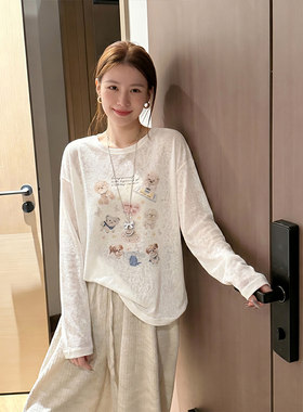 大码松弛感减龄印花防晒罩衫女2026夏季宽松薄款微透长袖t恤上衣