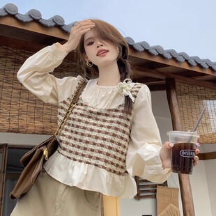 衬衫 假两件宽松大码 女春季 法式 简约别致格子上衣潮 2025年新款 长袖