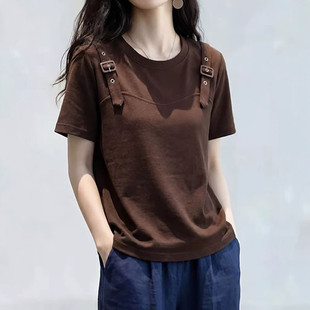 大码韩系设计感咖色短袖T恤女夏2026新款胖MM气质减龄巨好看上衣