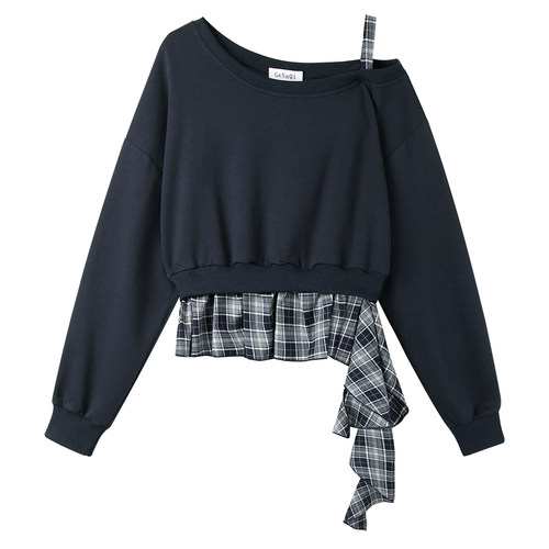 女装时尚格纹拼接假两件显瘦上衣