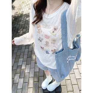 大码韩系圆领印花长袖T恤女夏季宽松休闲慵懒风防晒罩衫薄纱上衣