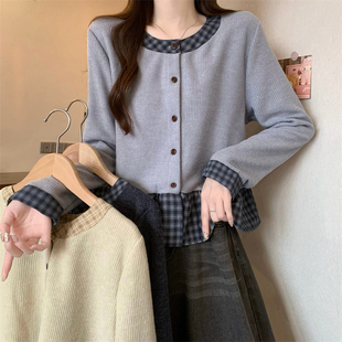 爆款格子拼接荷叶边巨好看设计感长袖短款裙摆2025秋冬新款上衣女
