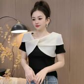 洋气质时尚 2026年夏季 T恤女爆款 蝴蝶结设计正肩圆领短袖 上衣 新款