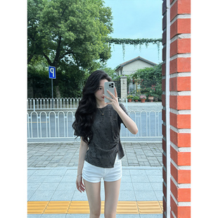独特漂亮不规则破洞短袖t恤女夏季韩版别致开叉小个子正肩上衣潮