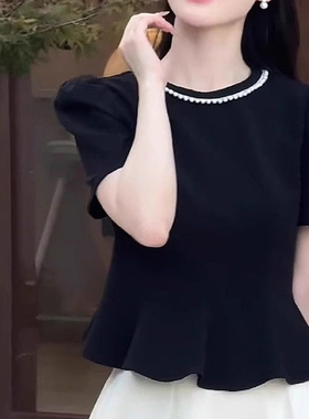 高级感黑色短袖t恤女夏季2026新款宽松显瘦短款荷叶边超好看上衣