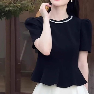 高级感黑色短袖t恤女夏季2026新款宽松显瘦短款荷叶边超好看上衣