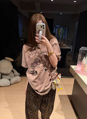 休闲松弛风卡通小猫印花短袖T恤女2026新款圆领宽松美式复古上衣