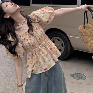 收腰遮肚子舒适短袖 法式 女夏季 碎花方领锁骨一字肩泡泡袖 上衣 衬衫