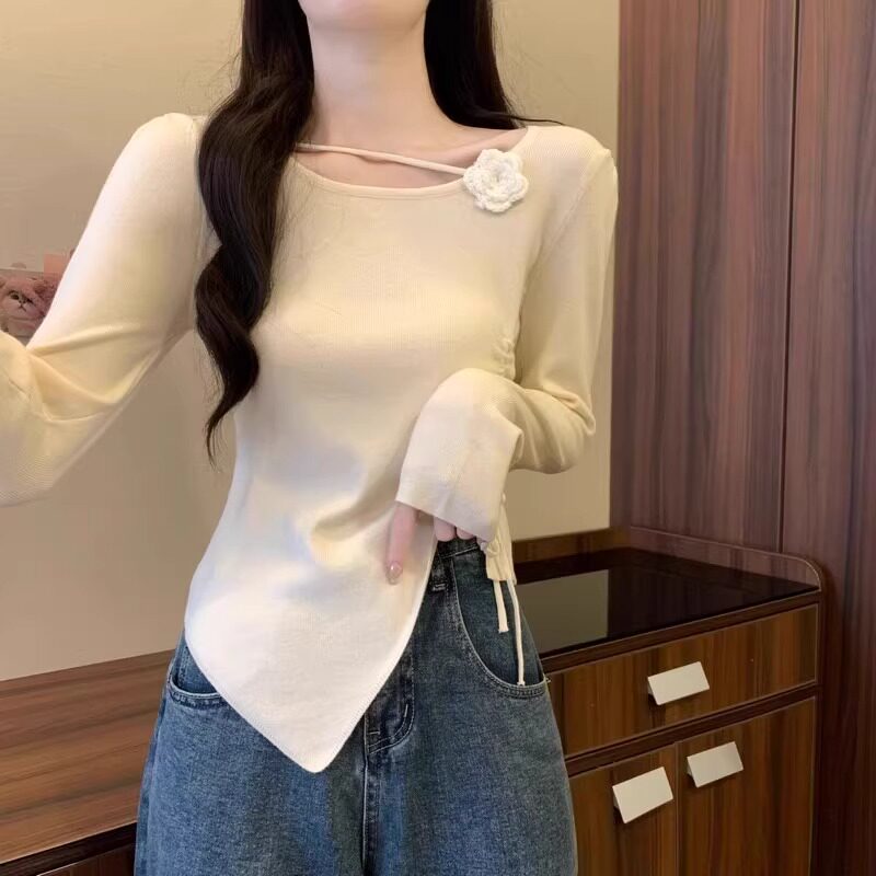 港味复古不规则立体花朵女早秋季气质修身显瘦露肩长袖2025新上衣