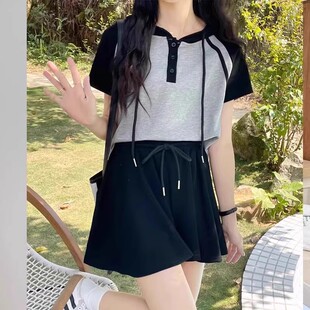 休闲运动套装女夏季舒适显瘦时尚减龄洋气宽松微胖短袖短裤两件套