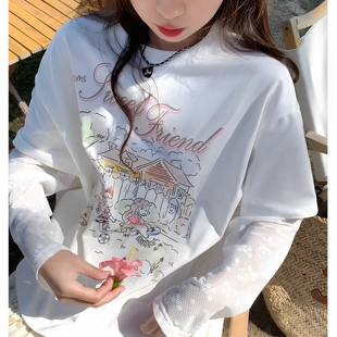 设计感蕾丝袖 甜美风韩版 2025新款 印花宽松短袖 拼接上衣 t恤女夏季