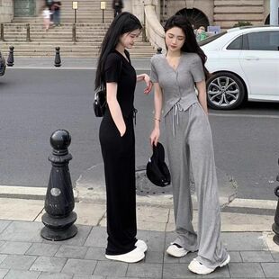 2026年休闲时尚运动套装女款夏季减龄洋气显瘦v领短袖长裤两件套