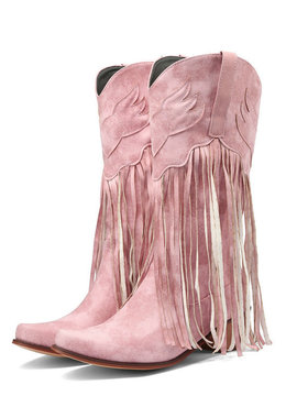 外贸女靴欧美复古中筒靴粗跟高跟圆头西部牛仔靴流苏骑士靴马丁靴