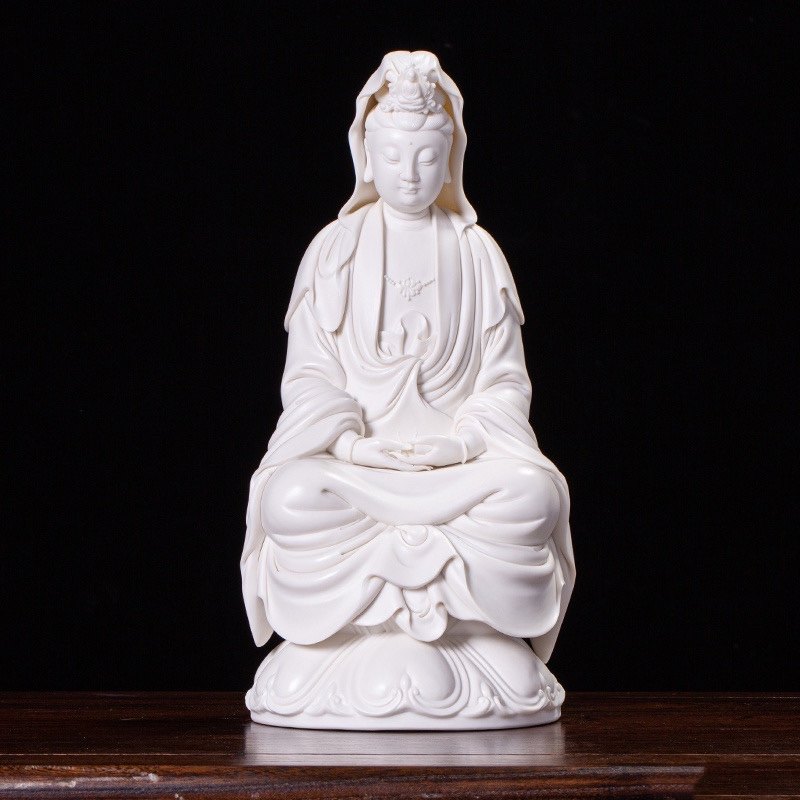 仿何朝宗坐莲观音德化窑陶瓷摆件 白瓷观音佛像 全莲观音佛像