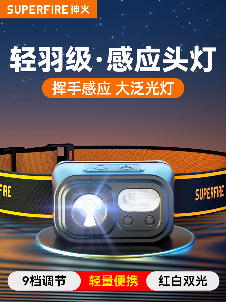 神火头灯强光充电超亮夜钓钓鱼专用感应超长续航HL23头戴式照明灯