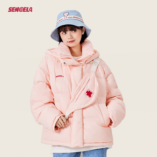 SENCELA设计师款胸包立领羽绒服潮牌可爱风短款小花熊面包服女