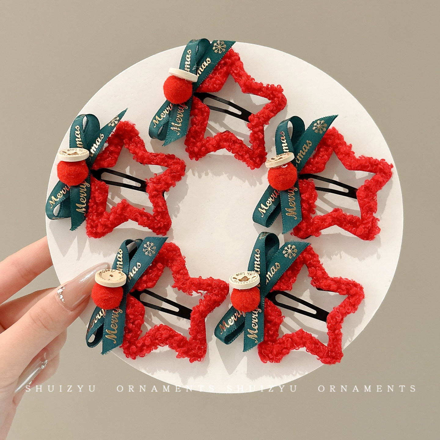 圣诞节星星发夹红色毛绒碎发发卡