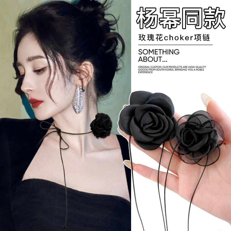 法式玫瑰花绑带项链女