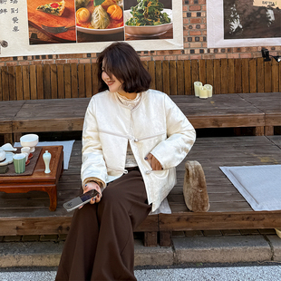 盘口圆领国风棉外套 女装 岁岁安澜胖mm提花新中式 棉服木子理想大码