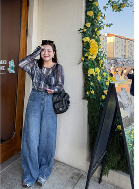 胖mm解构设计宽松牛仔裤木子理想大码女装显瘦直筒休闲长裤200斤