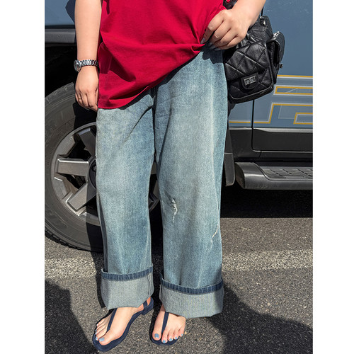 木子理想胖mm大码阔腿牛仔拖地裤