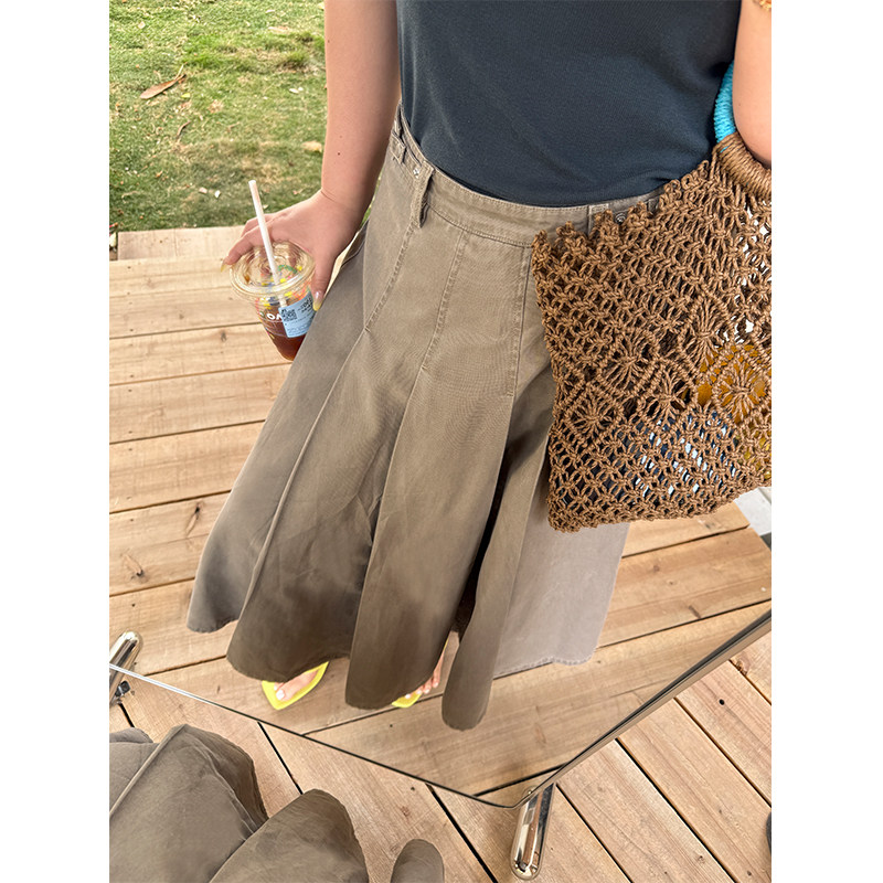 胖mm春季复古半身裙木子理想大码女装调节扣高腰A版中长款百褶裙