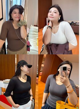 胖mm五分袖舒适T恤木子理想大码女装秋季高弹气质合体打底衫200斤