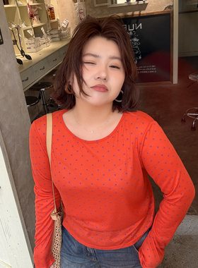 胖mm春夏波点印花长袖T恤木子理想大码女圆领宽松舒适200斤打底衫