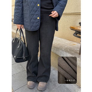 保暖微宽松喇叭裤 胖mm冬季 女装 木子理想大码 显瘦一体绒牛仔喇叭裤