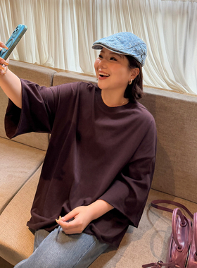 胖mm松弛大版T恤木子理想大码女装夏季200斤宽松落肩七分袖上衣