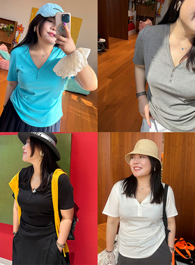 胖mm精致V领短袖T恤木子理想大码女装合体显瘦弹力刺绣品质T200斤