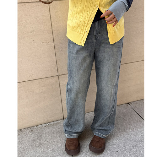 木子理想大码窄版加绒直筒牛仔裤