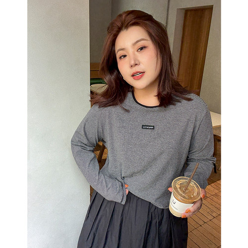 木子理想胖mm大码经典条纹短款T