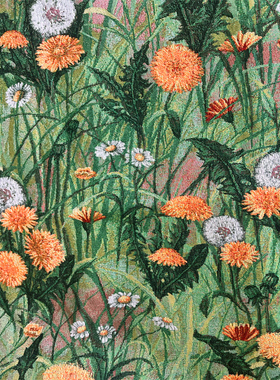 美式乡村花朵油画风提花布料沙发窗帘箱包背景桌布面料绿色田园风