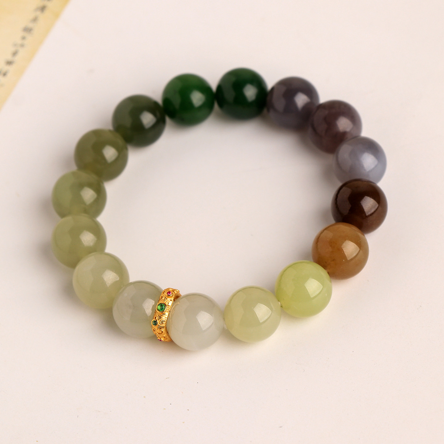 和田玉12mm圆珠多宝手串s925银