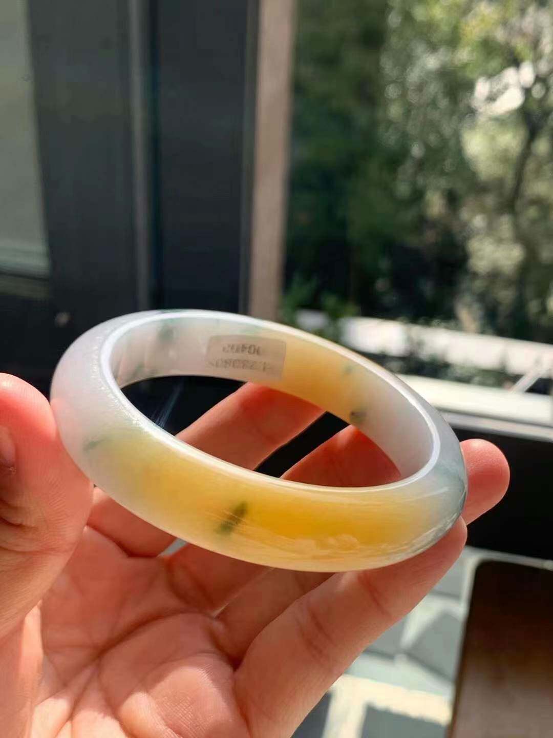 56.5尺寸老坑冰种鸡蛋黄翡翡翠手镯飘花玉镯子A货三彩镯正品增值