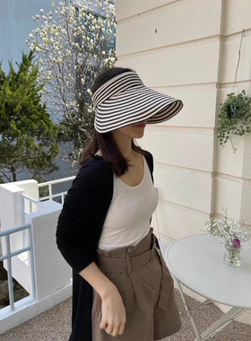 韩国进口代购2025夏新时尚可卷便携条纹大檐遮阳防晒女空顶太阳帽