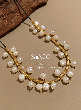 异形天然淡水巴洛克珍珠项链女士choker锁骨链打结毛衣链油蜡绳