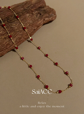 2mm复古紫红砂金红切面红尖晶细项链女士锁骨链简约时髦38+5cm