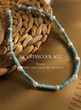 绿色石间淡水珍珠锁骨链女士项链串珠毛衣链法式复古时髦