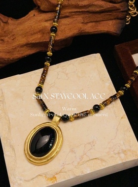 天然椭圆黑玛瑙吊坠项链女士高级感锁骨链复古中古风老钱风