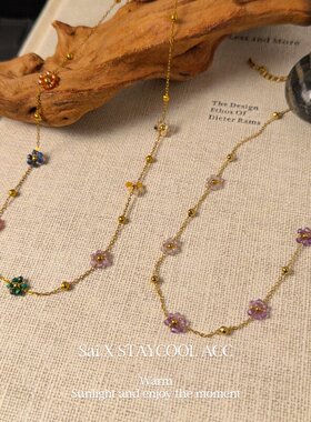 彩宝小花天然石手工串珠花朵项链女士锁骨链满天星40+5cm