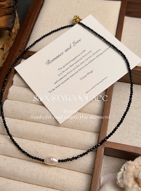 短款天然淡水巴洛克珍珠黑尖晶锁骨链女士项链高级感复古北欧风