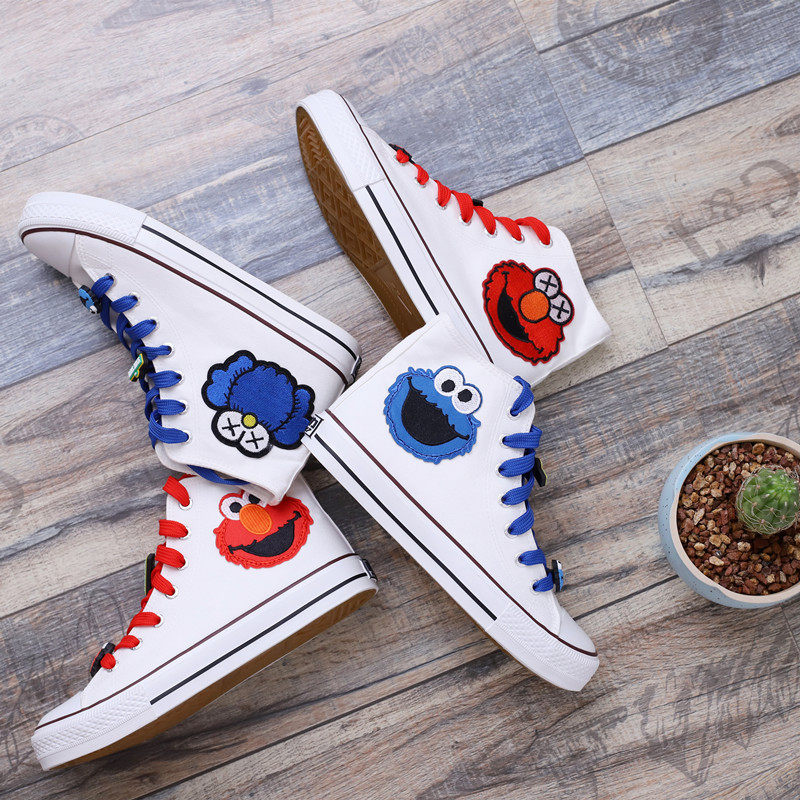 回力芝麻街卡通爆改高帮手绘帆布鞋涂鸦男女情侣鸳鸯休闲鞋diy