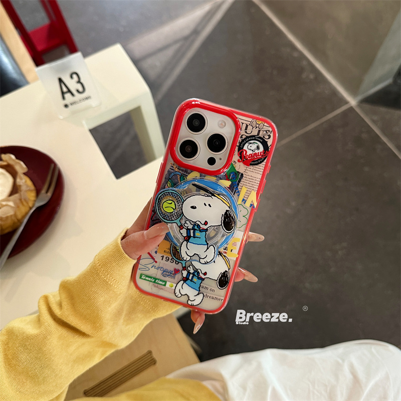 日韩卡通打网球狗狗适用iPhone16promax苹果15手机壳13promax新款亮面16pro防摔保护套16个性14磁吸支架pro女