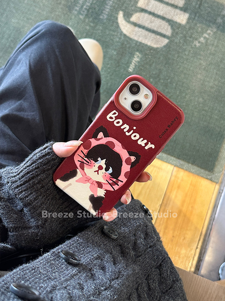 卡通可爱头巾小猫适用iphone15pro max苹果13手机壳12皮质壳11新款xs女款xr1甜酷少女xr个性英文14plus防指纹属于什么档次？