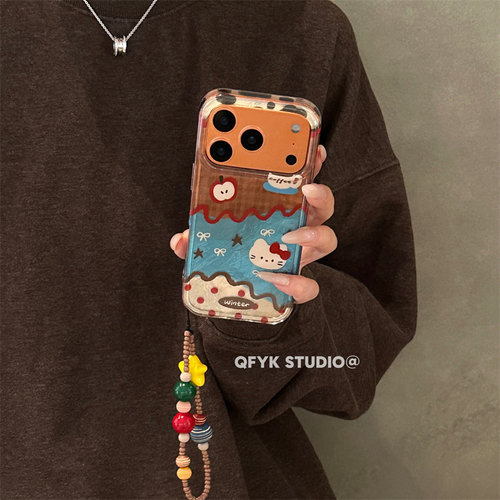 复古小众彩色拼接波点猫咪适用iPhone17promax苹果15手机壳16promax新款亮面17链条13防摔保护套14pro全包16